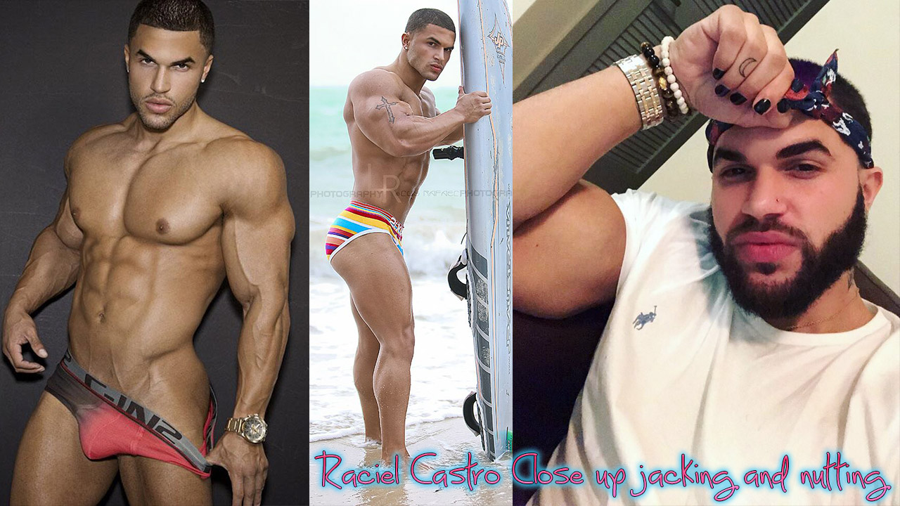 Muscle boy Raciel Castro up close jacking and nutting